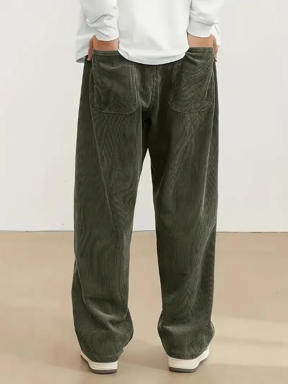 Men's Dark Green Loose Fit Corduroy Cargo Style Trouser